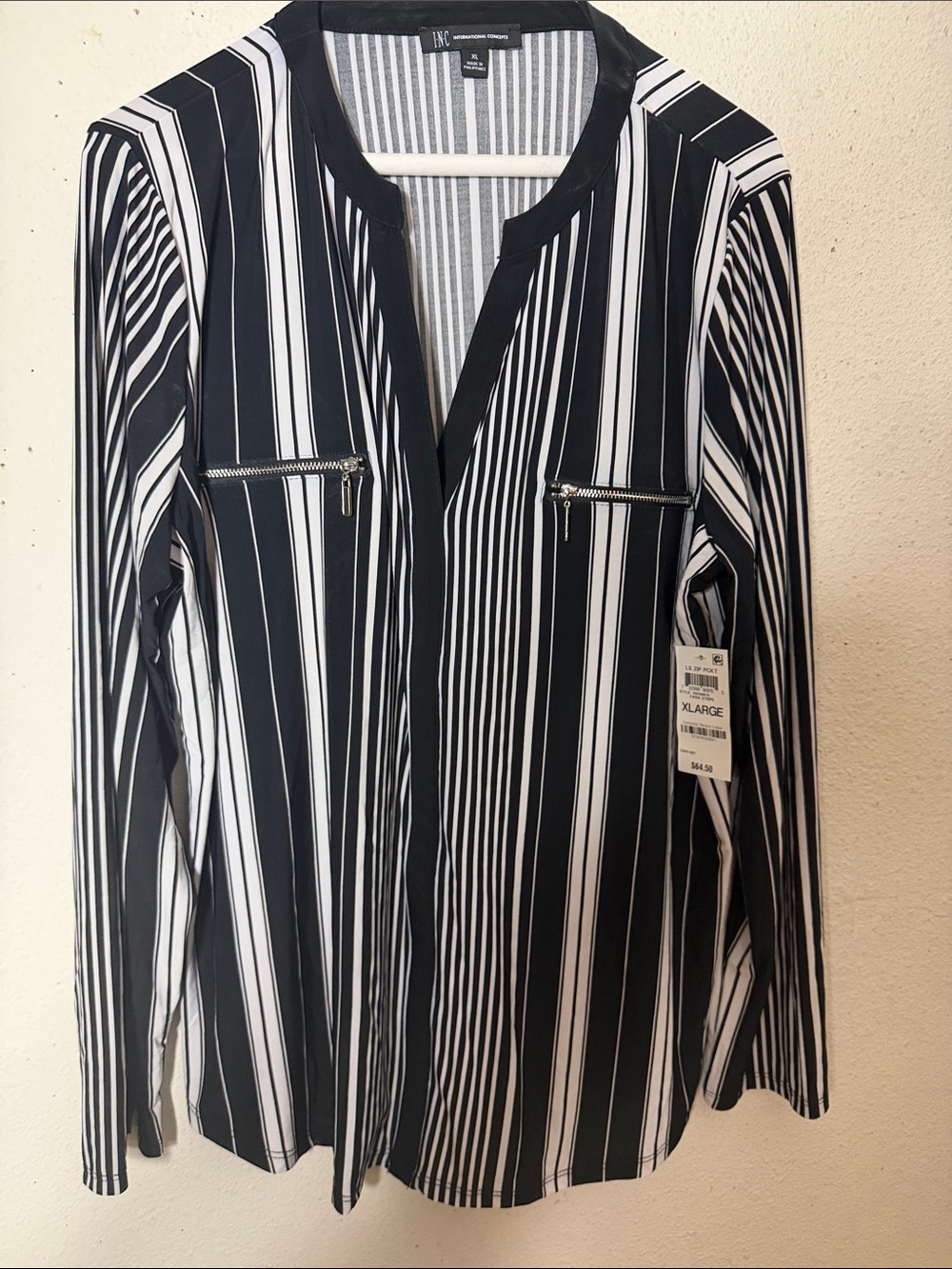 INC International Concepts Black & White Striped Zip-Pocket Shirt NWT